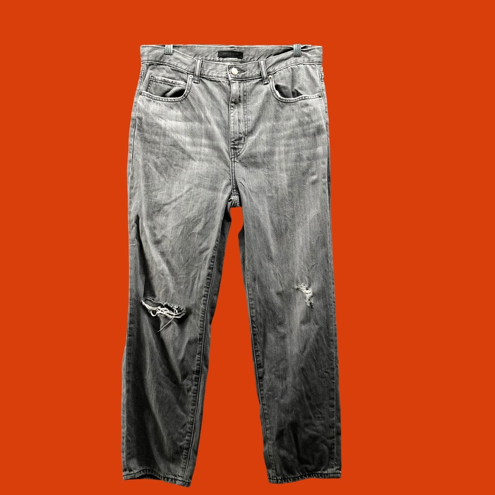 Uniqlo Washed Grey Slouchy Tapered Ankle Jeans Distressed Knee Womens Size 29